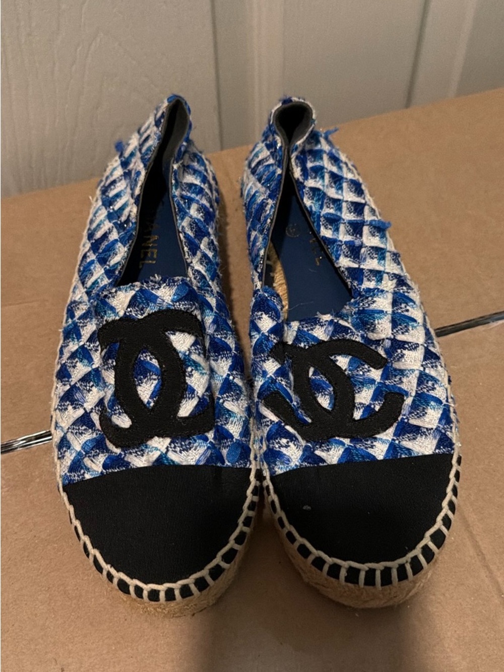 CHANEL Blue & White Quilted Espadrille Flats with Black Cap Toe